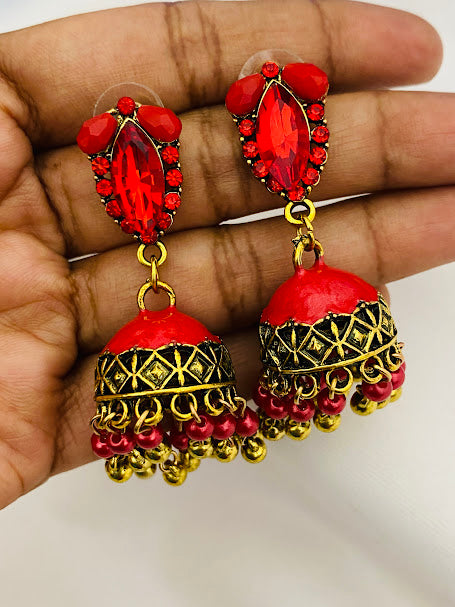 Attractive Red Color Stone Jhumkha Earrings With Beads Hangings Near Me