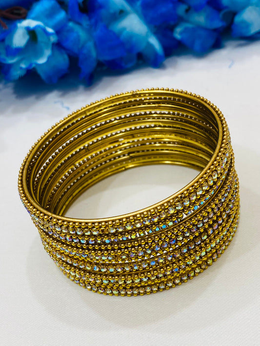 Pretty Gold Color Metal Bangles With White Stones For Women