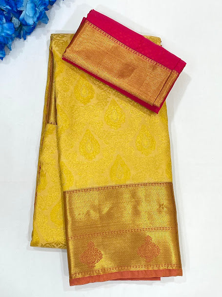 Mustard Yellow Color Floral Motifs Art Silk Saree With Gold Zari Work For Women- SILKMARK CERTIFIED