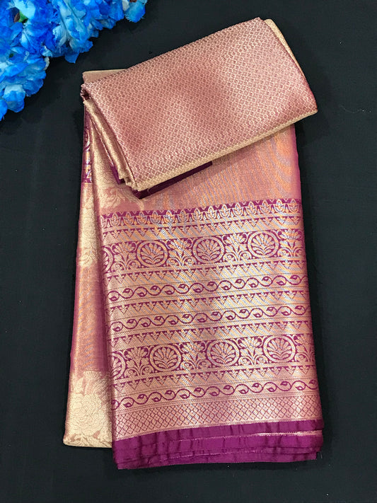 Pink Color Pure Kanchi Tissue Silk With Zari Work Saree For Women 