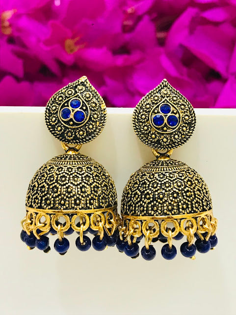 Beautiful Blue Beaded Antique Gold Earrings