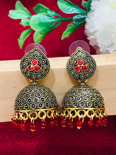 Beautiful Red Antique Gold Unique Designed Beats Worked Earrings