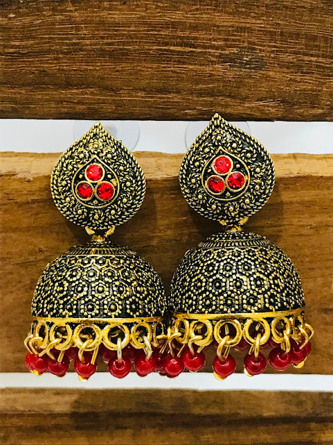 Beautiful Red Antique Gold Unique Designed Beats Worked Earrings