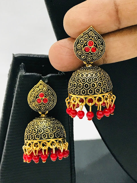 Beautiful Red Antique Gold Unique Designed Beats Worked Earrings