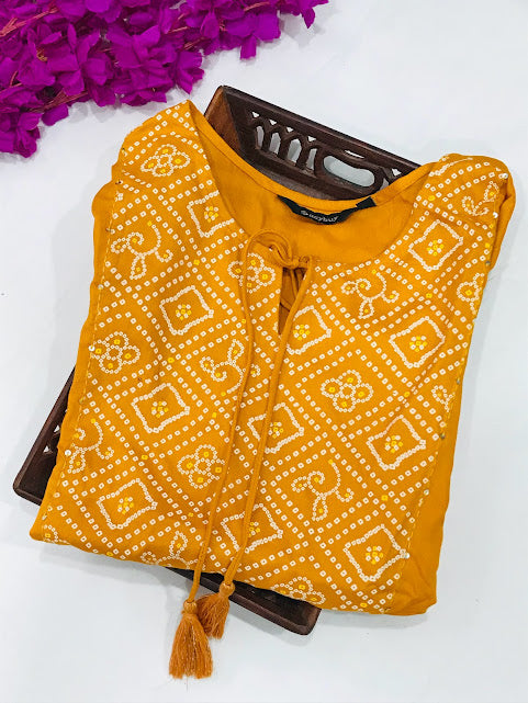 Alluring Yellow Color Rayon Kurti With Printed Work For Women