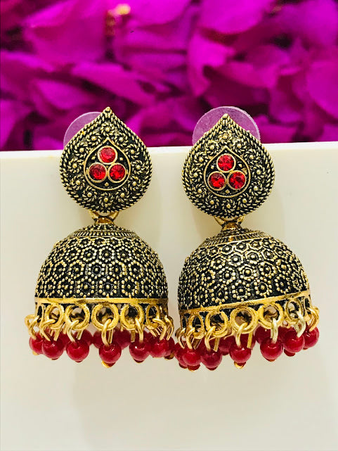 Beautiful Red Antique Gold Unique Designed Beats Worked Earrings