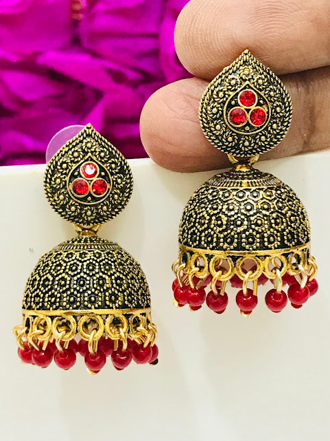 Beautiful Red Antique Gold Unique Designed Beats Worked Earrings