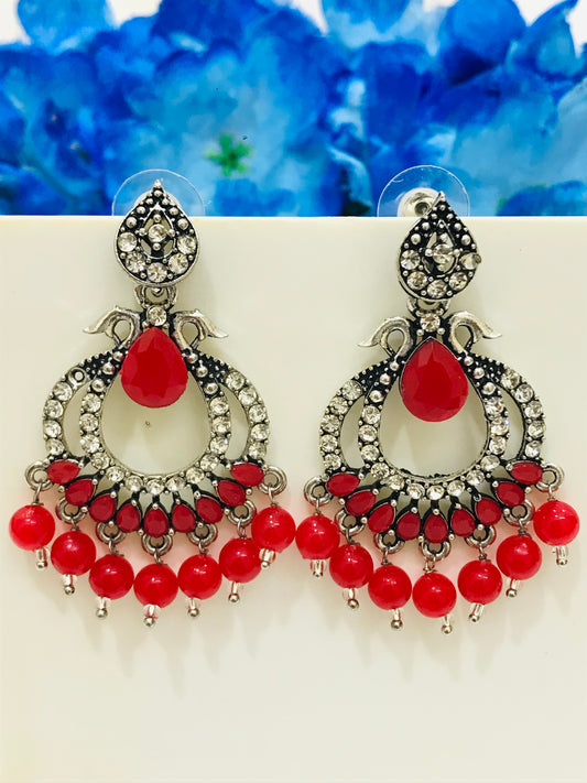 Fabulous Silver With Red And White Stones Oxidized Earrings