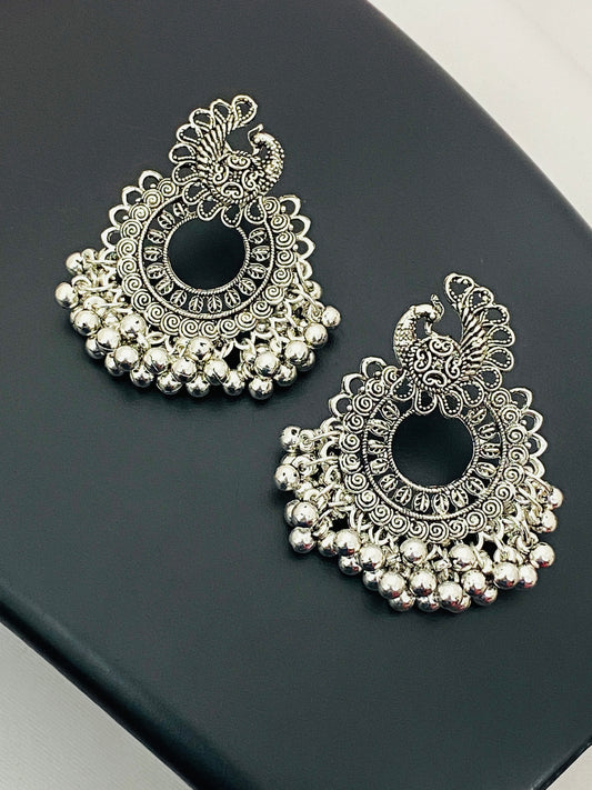 Alluring Oxidized Silver Peacock Design Jhumkas With Bead Hangings