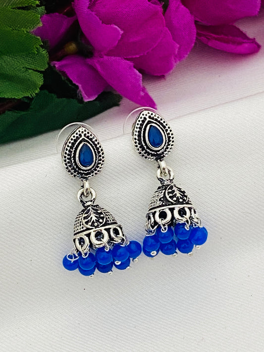 Appealing Blue Color Oxidized Desinger Jumkha Earrings For Women 
