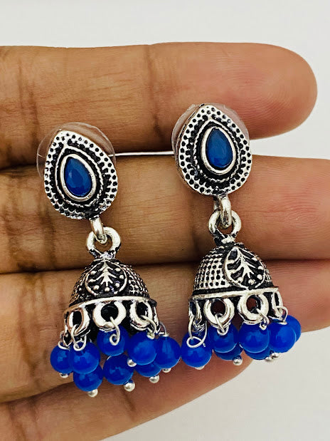 Appealing Blue Color Oxidized Desinger Jumkha Earrings For Women Near Me