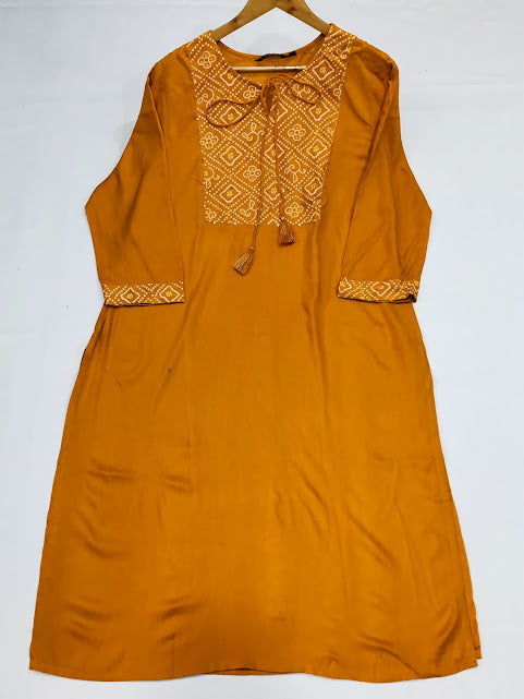 Pleasing Yellow Color Rayon Kurti With Printed Work Near Me