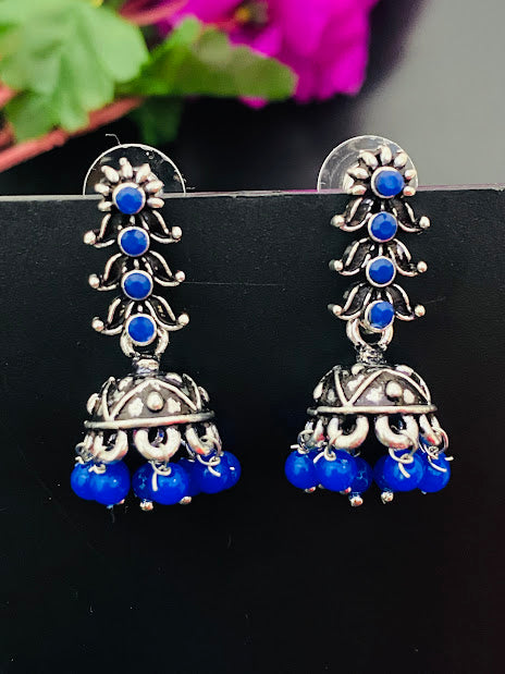 Stunning Blue Color Oxidized Desinger Jhumkha Earrings For Women In Tempe