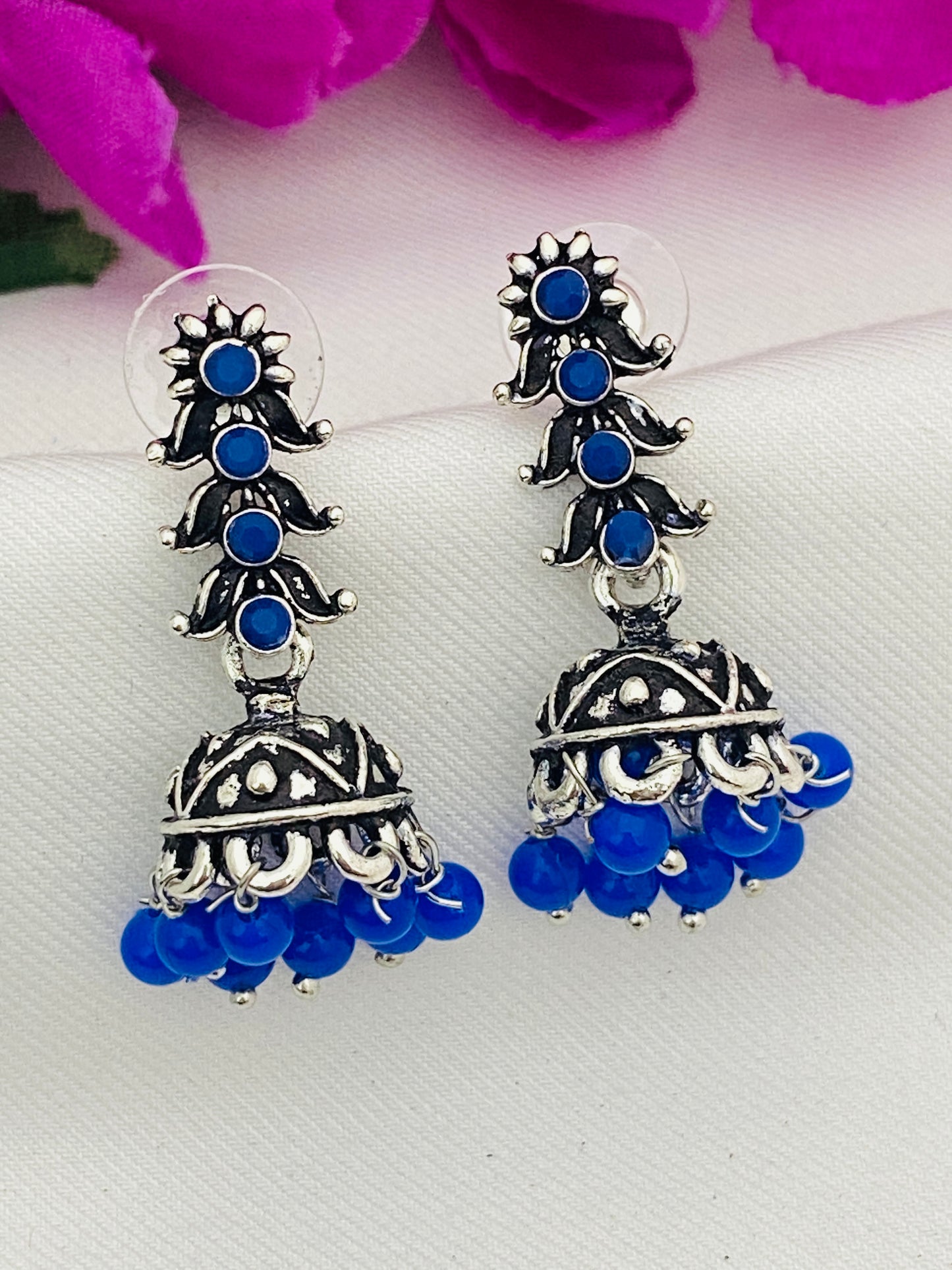Stunning Blue Color Oxidized Desinger Jhumkha Earrings For Women