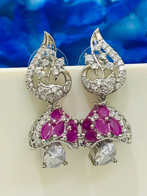 American Diamond Jumkha With Beautiful Pink Color Peacock Design