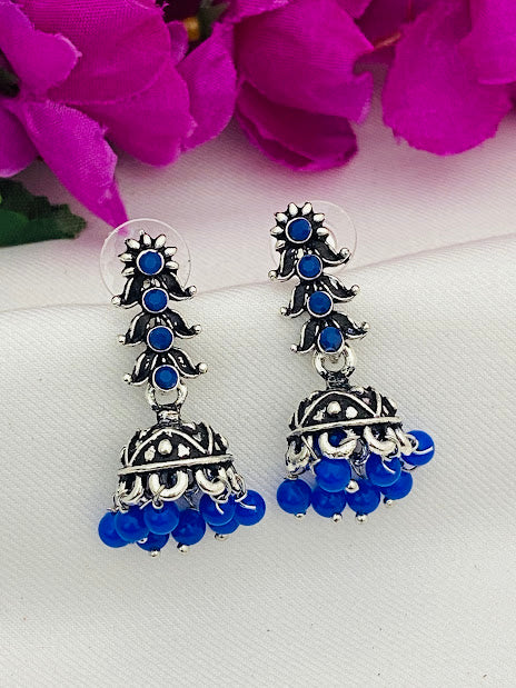 Stunning Blue Color Oxidized Desinger Jhumkha Earrings For Women In USA
