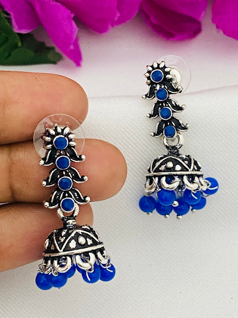 Stunning Blue Color Oxidized Desinger Jhumkha Earrings For Women Near Me