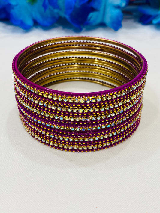 Appealing Purple Color Metal Bangles With Glistening Stones For Women