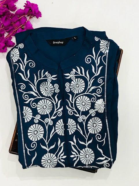 Appealing Dark Blue Color Rayon Kurti With Embroidery Work For Women