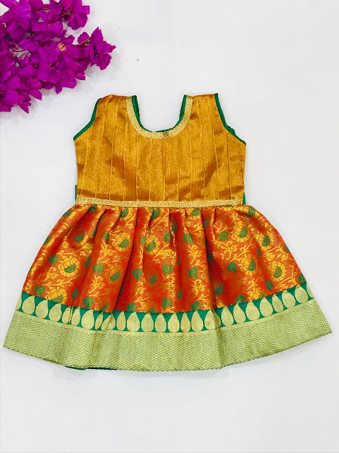 Gorgeous Yellow Color Zari With Lace Work Silk Gown For Kids Near Me