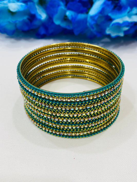 Lovely Green Color Metal Bangles With Sparkling Stones For Women