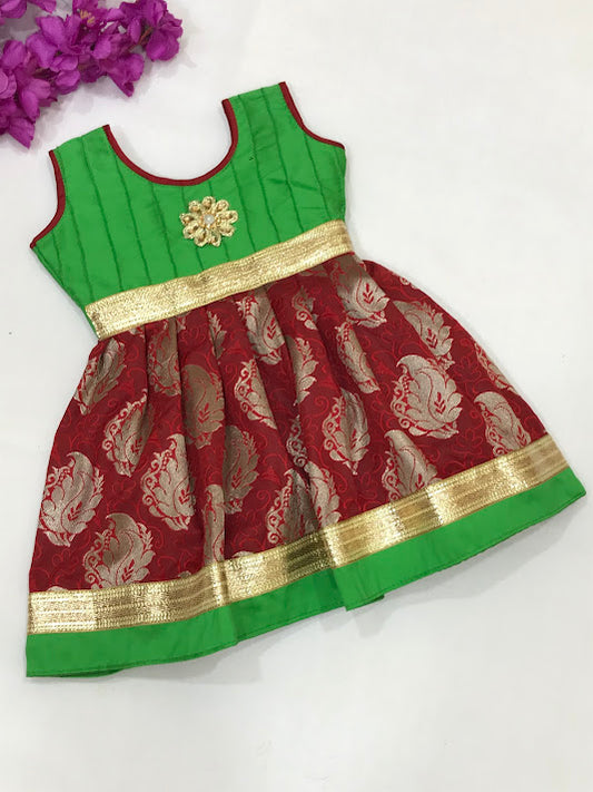 Lovely Green Color Zari Work With Silk Gown For Kids