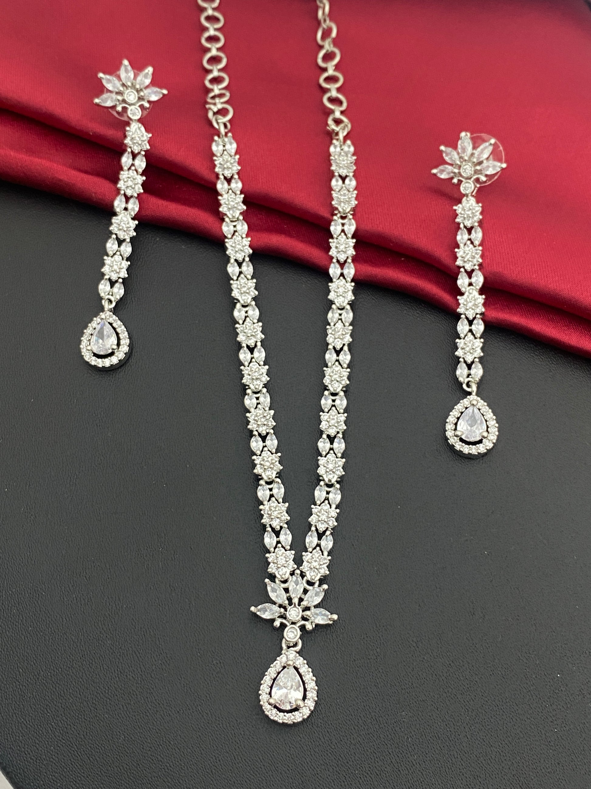 Lovely American Diamond Necklace And Long Dangle Earrings With White Stones