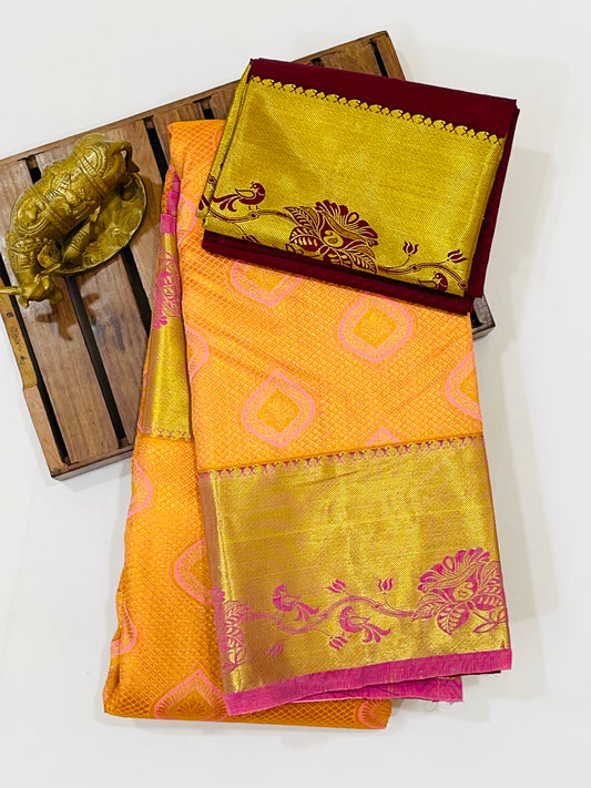 Attractive Orange Colored  Pure Kanchi Silk Saree For Women 