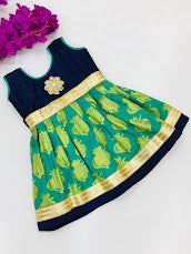 Stunning Royal Blue Color Zari With Lace Work Silk Gown For Kids