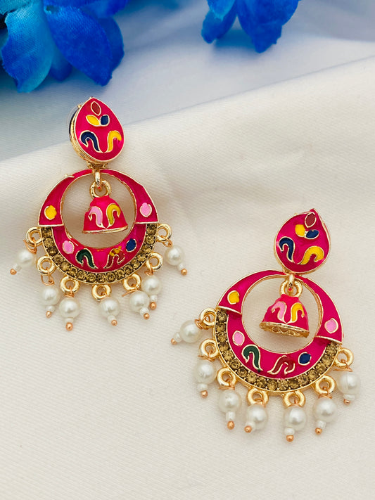 Dazzling Pink Color Antique Gold Desinger Earrings For Women 