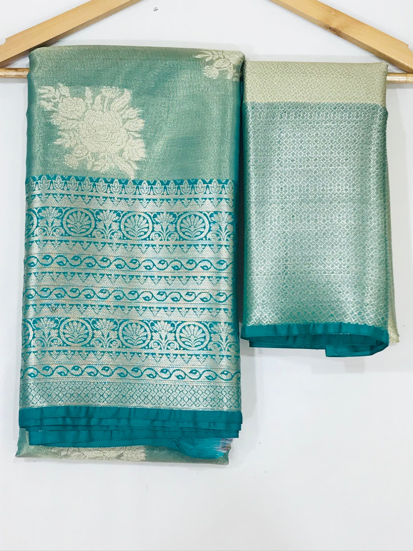 Green Color Pure Kanchi Tissue Silk  Silver Work Saree For Women In USA