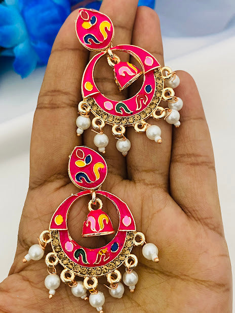 Dazzling Pink Color Antique Gold Desinger Earrings For Women Near Me