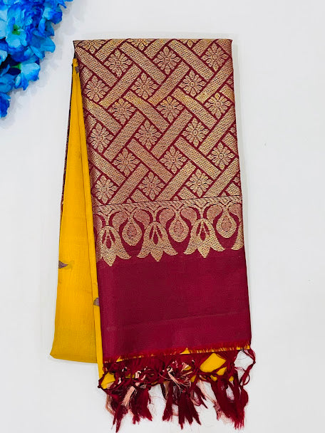 Attractive Yellow Colored  Pure Kanchi Silk Saree For Women - SILKMARK CERTIFIED