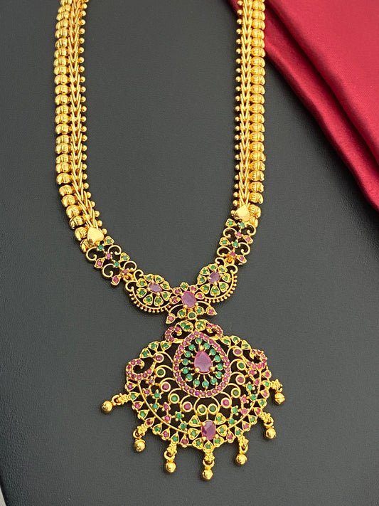 Beautiful Gold Plated Traditional Wear Ruby And Emerald Colored Necklace With Tear Drops