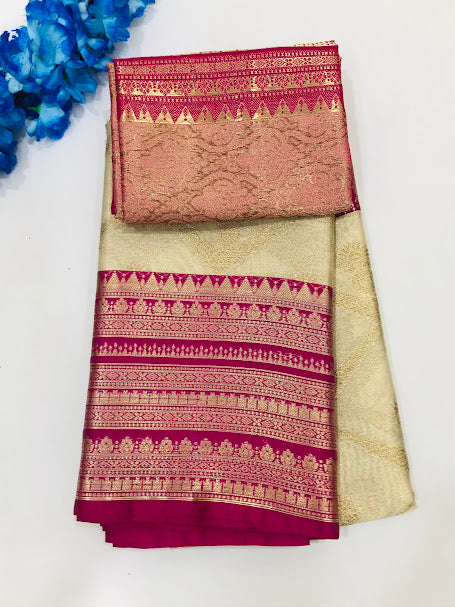 Attractive Pink Color Pure Kanchi Tissue Silk Saree With Silver Zari Work For Women