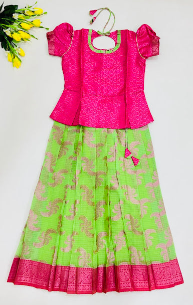 Alluring Pink And Green Colored Art Silk Langa Sets For Girls