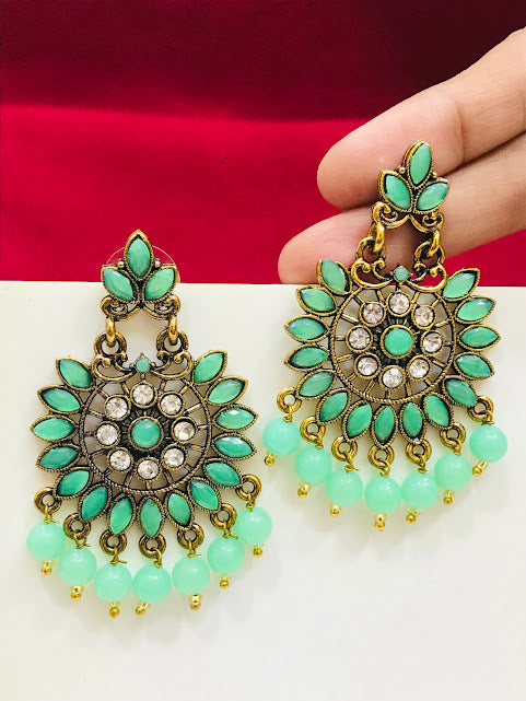 Beautiful Light Green Beads Worked Oxidized Earrings For Women