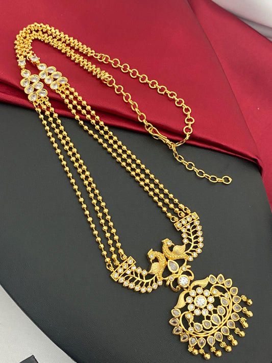 Fancy Peacock Designer Gold Plated Long Chain With White Stones