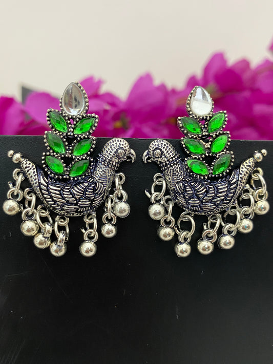 Elegant Glimmering Green Stone Peacock Design Earrings