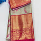 Attractive Gray Color Kanchi Silk Saree With Golden Zari Work For Women