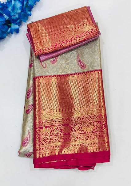 Attractive Gray Color Kanchi Silk Saree With Golden Zari Work For Women