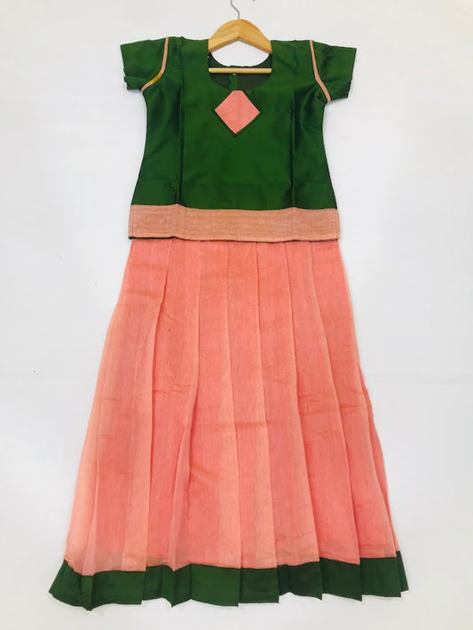 Prettiest Green With Pink Color Cotton Langa set For Girls