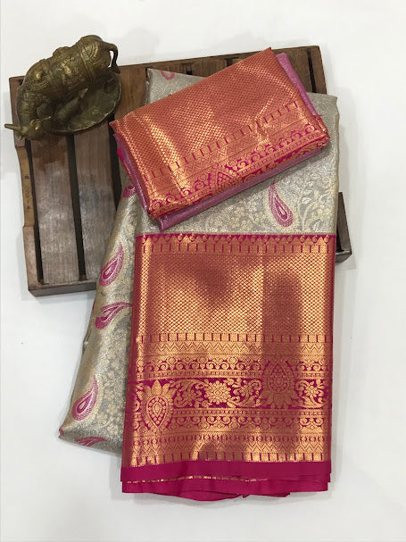 Attractive Gray Color  Kanchi Silk Saree With Floral Design Near Me
