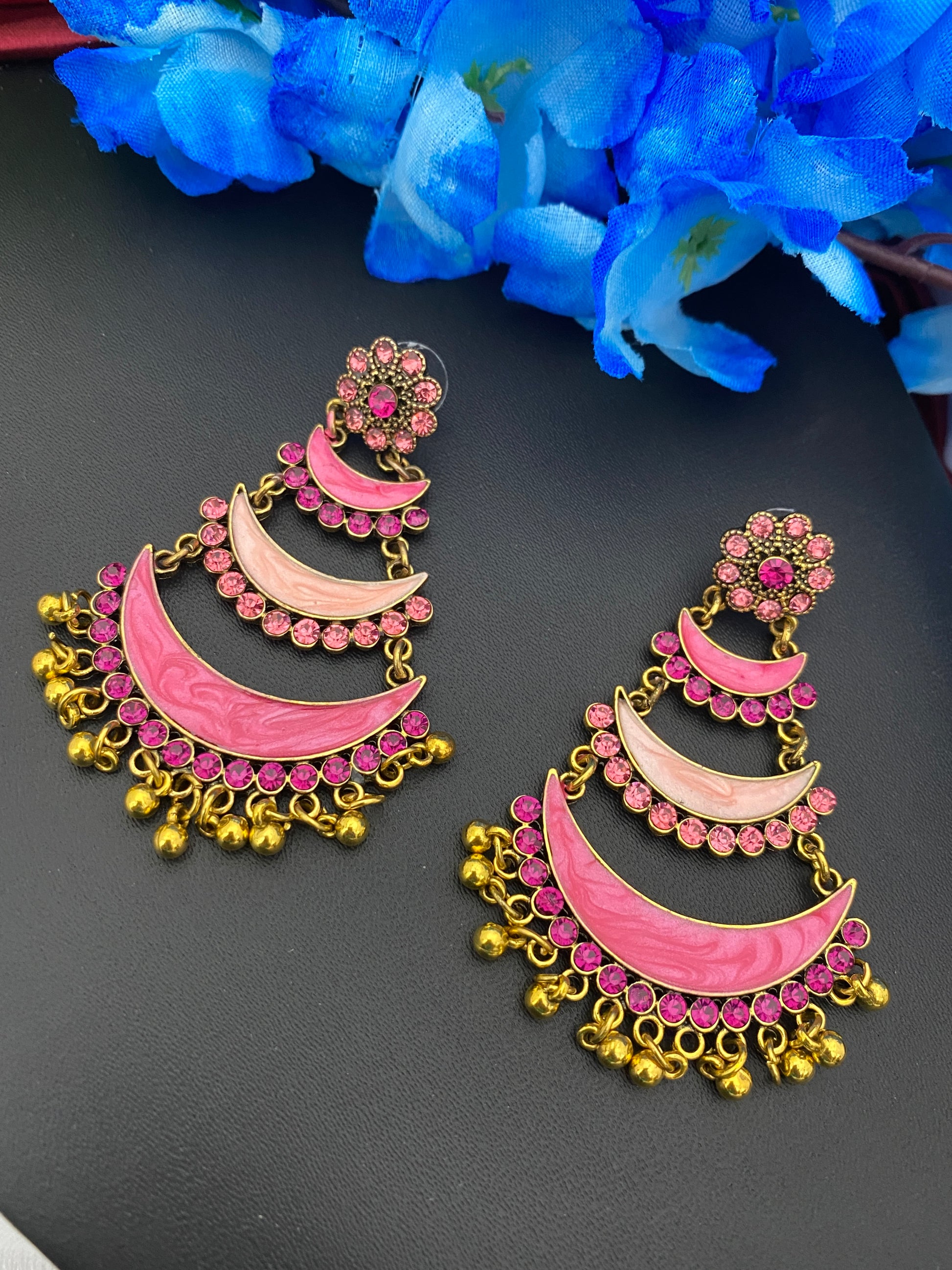 Gorgeous Layered Pink Enamel Antique Gold Long Earrings