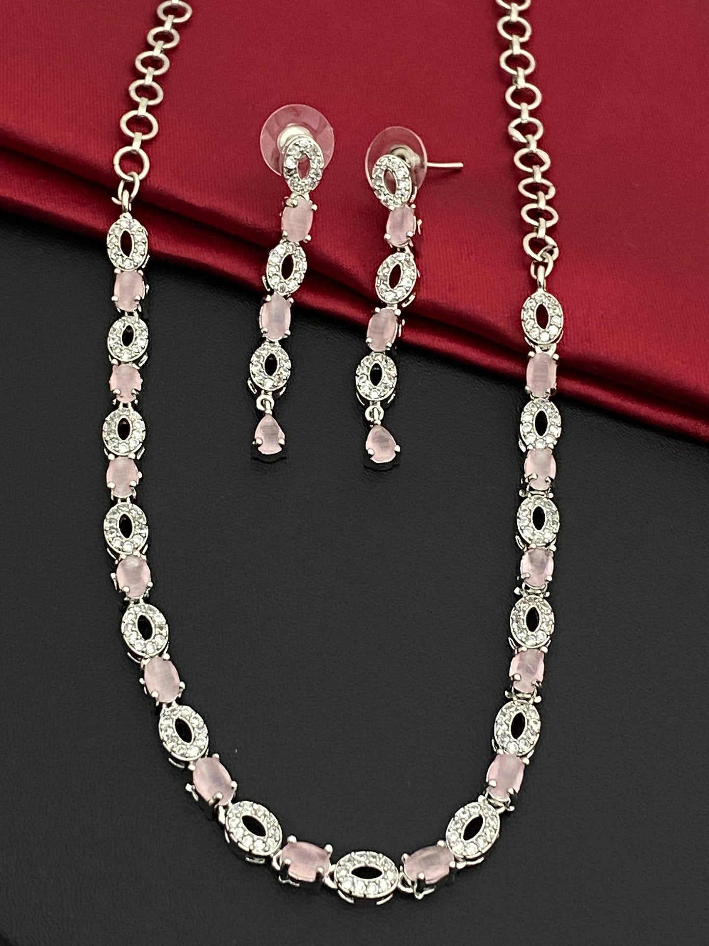 Dazzling White And Pink Stoned Necklace With Earrings Sets For Women