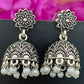Fabulous Oxidized Silver Flower Motif Jhumkas With Pearl Hangings