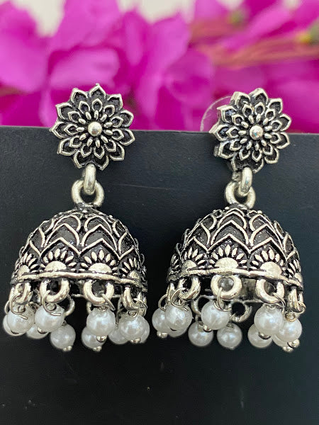 Fabulous Oxidized Silver Flower Motif Jhumkas With Pearl Hangings