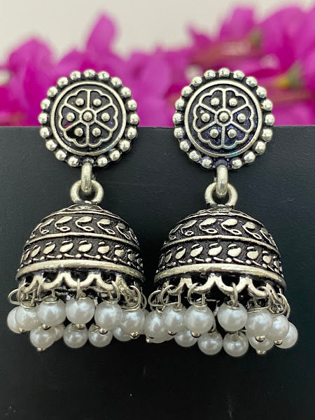 Appealing Oxidized Silver Jhumkas With Pearl Hangings