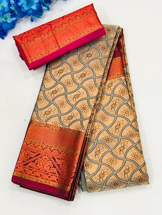 Attractive Grey Color Unique Design Pink Color Bordered Art Silk Saree With Blouse