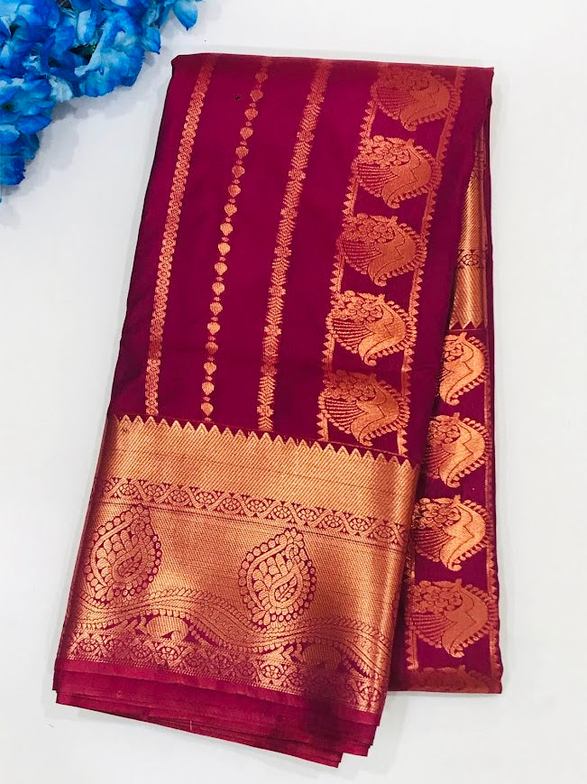 Elegant Dark Red Color Pure Kanchi Silk Saree For Women